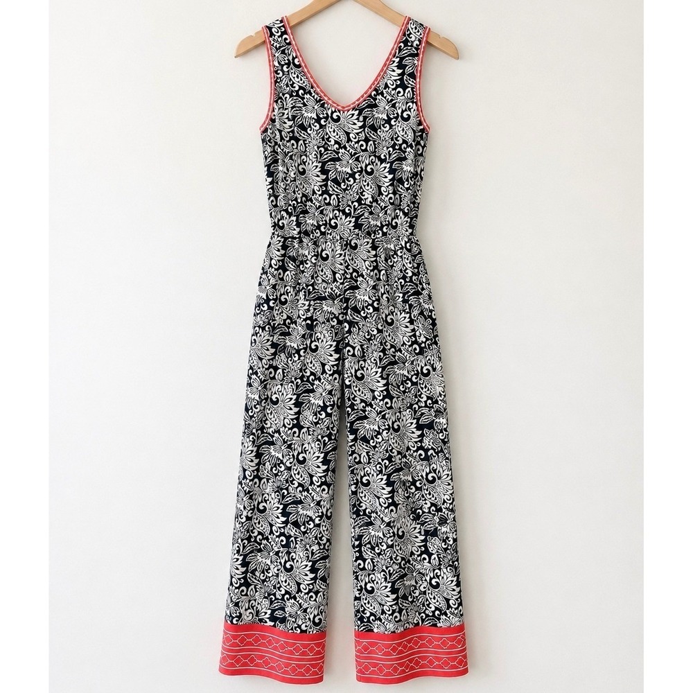 Max Studio Jumpsuit Womens S Black Orange Floral Paisley Wide Leg Boho Travel